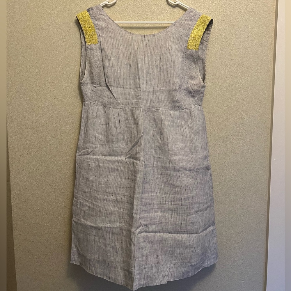 J Crew blue and white striped dress with yellow embroidery